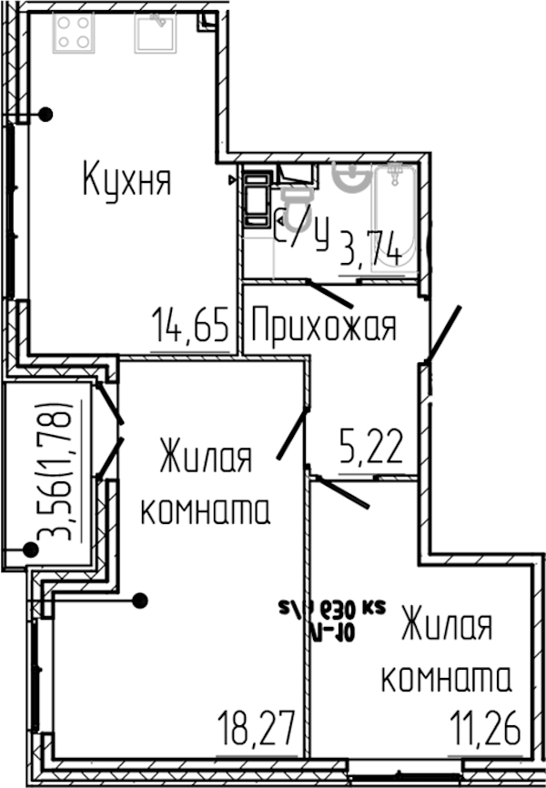 2-комнатная квартира 54.92 м², 3/4 эт., ЖК «SERTOLOVO PARK»